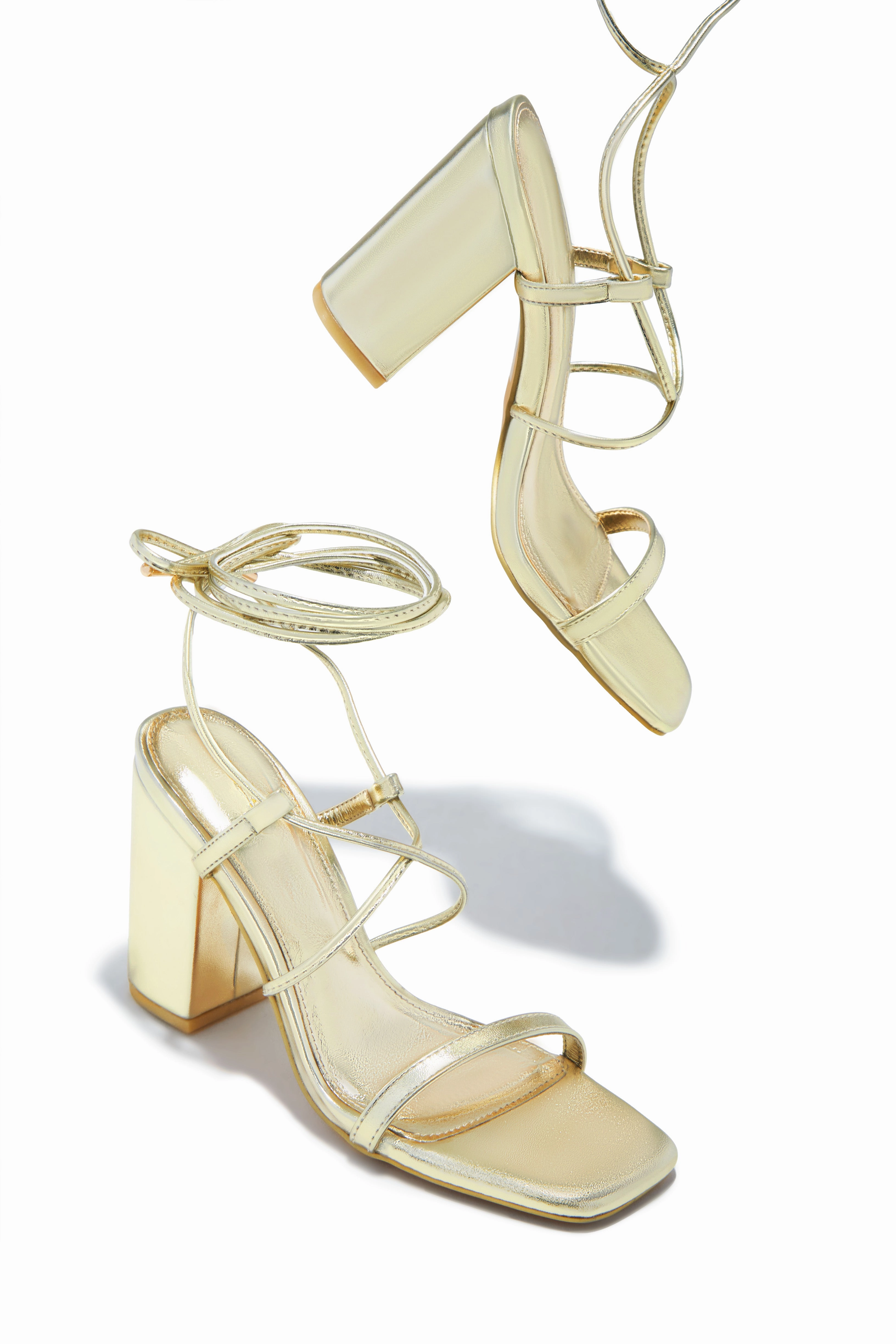 Aria Lace Up Block Heels - Gold