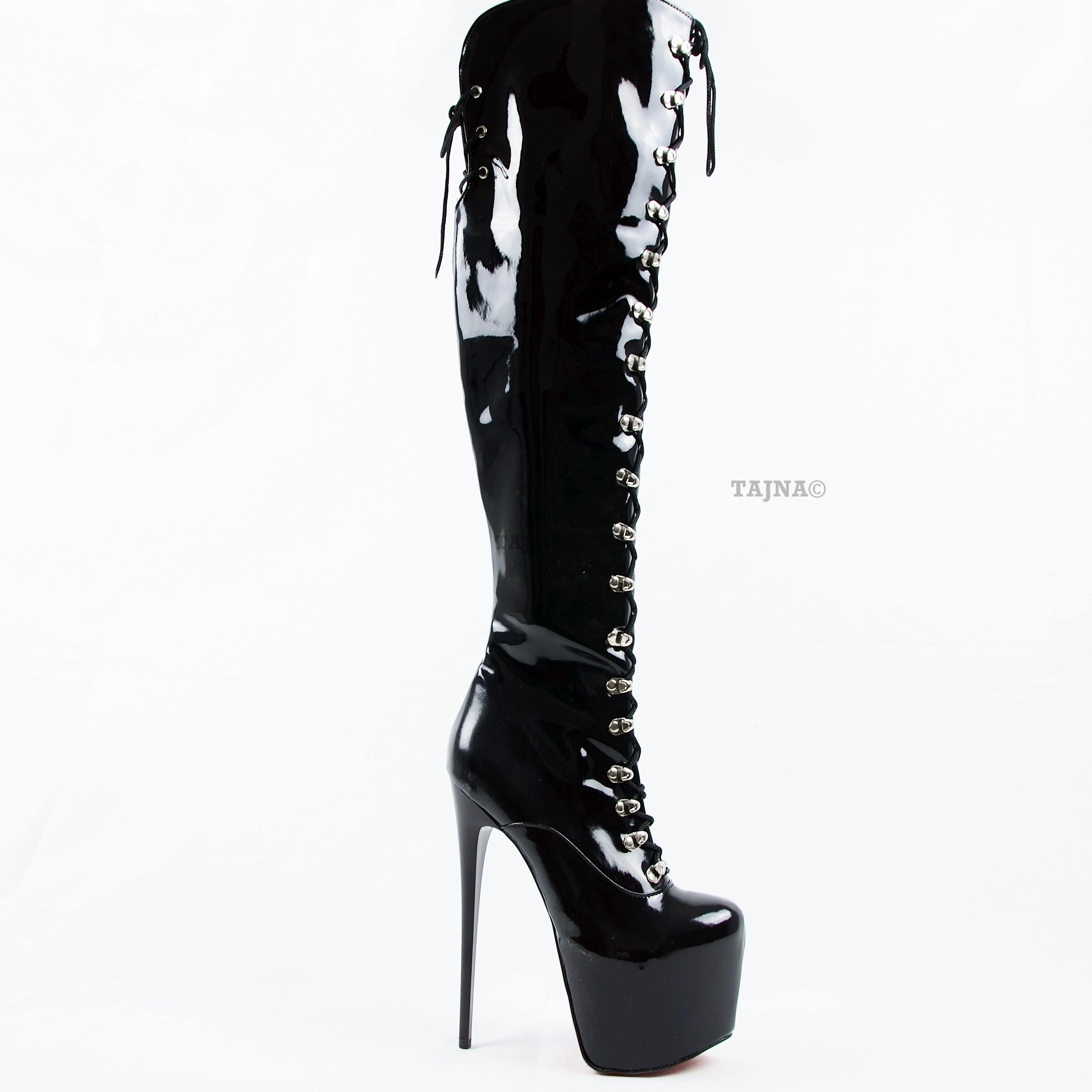 Black Gloss Lace Up Military Style Heel Boots