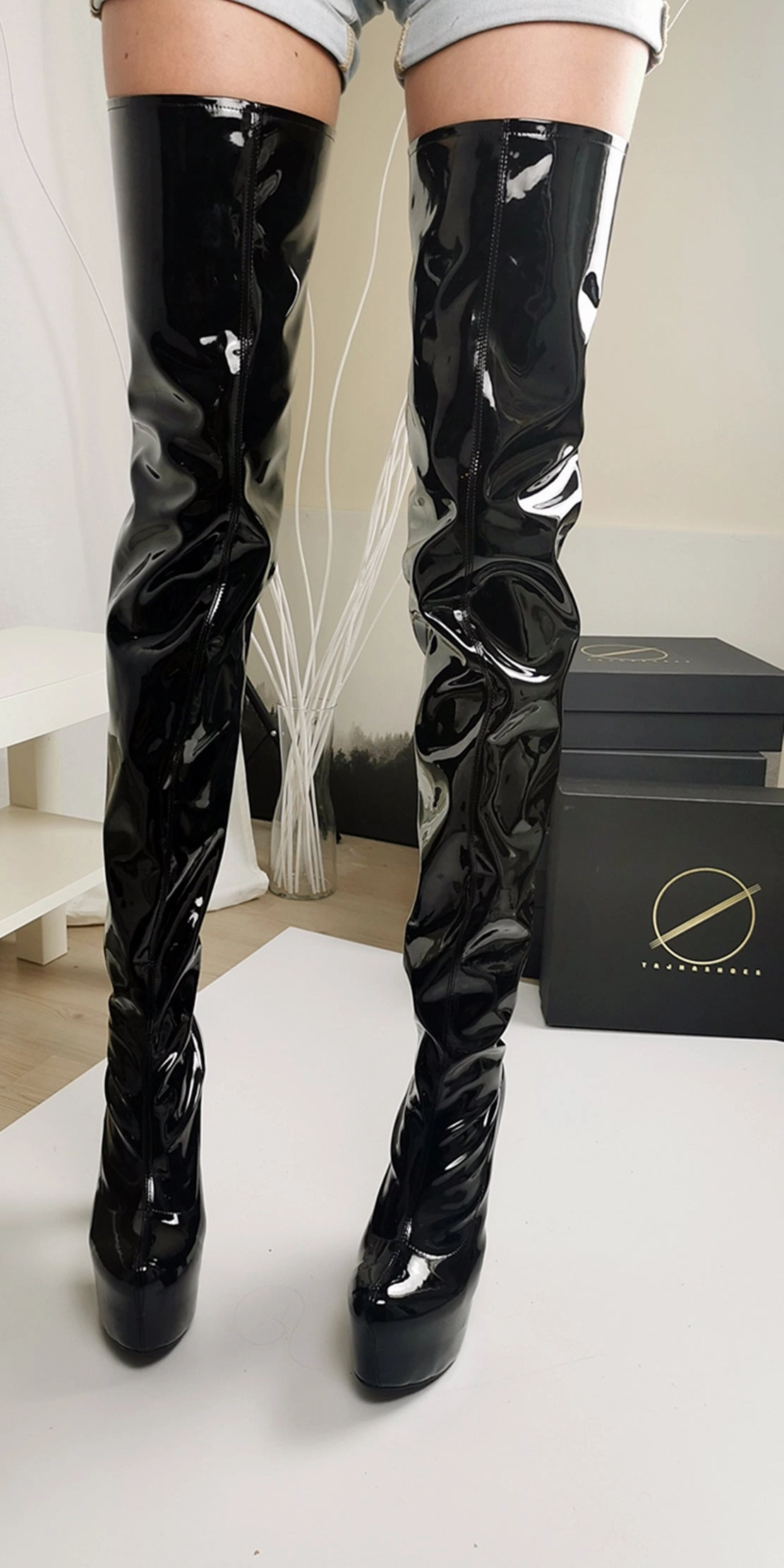 Black Gloss Thigh High Chunky Heel Boots