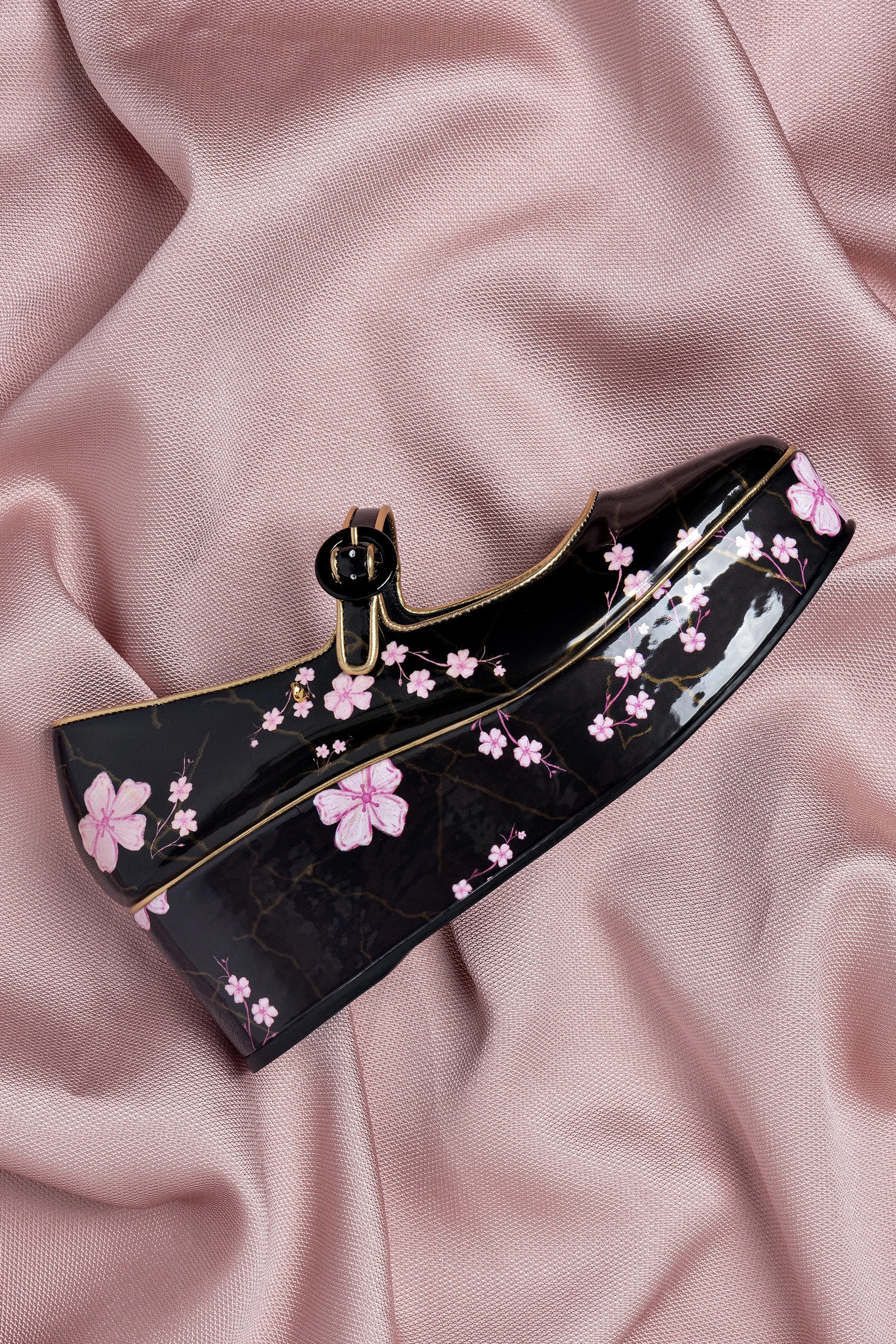 Blair Flatform In Black Sakura Printed Leather