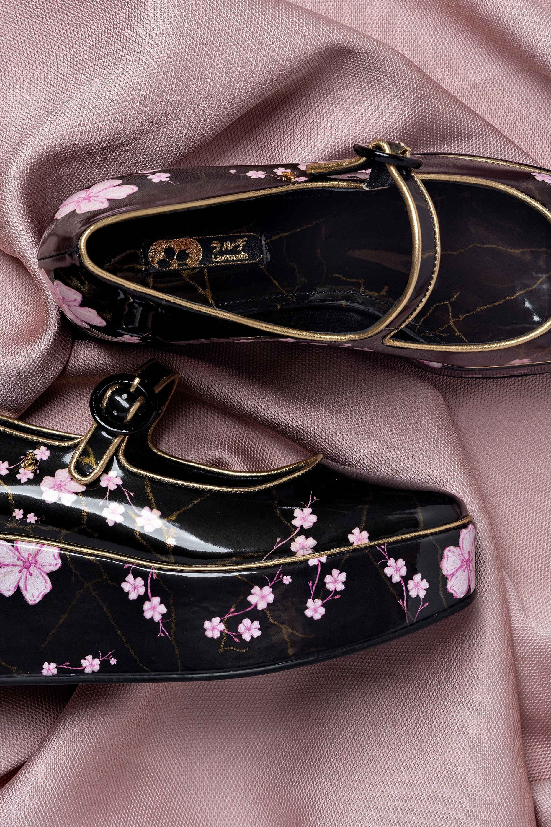 Blair Flatform In Black Sakura Printed Leather