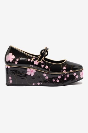 Blair Flatform In Black Sakura Printed Leather