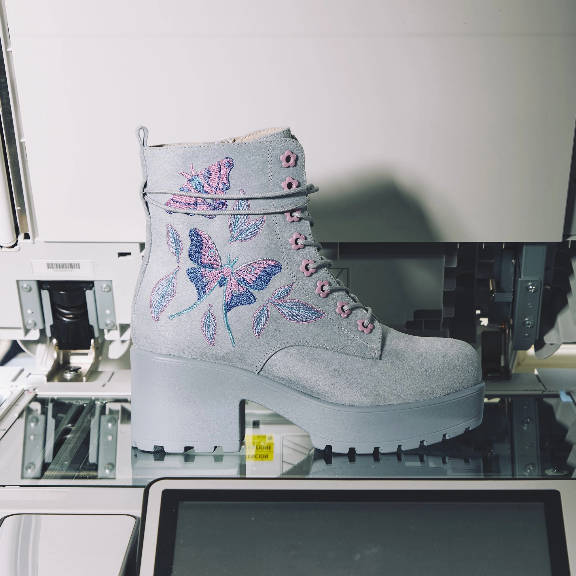 Butterfly Dune Suede Platform Military Boots - Blue