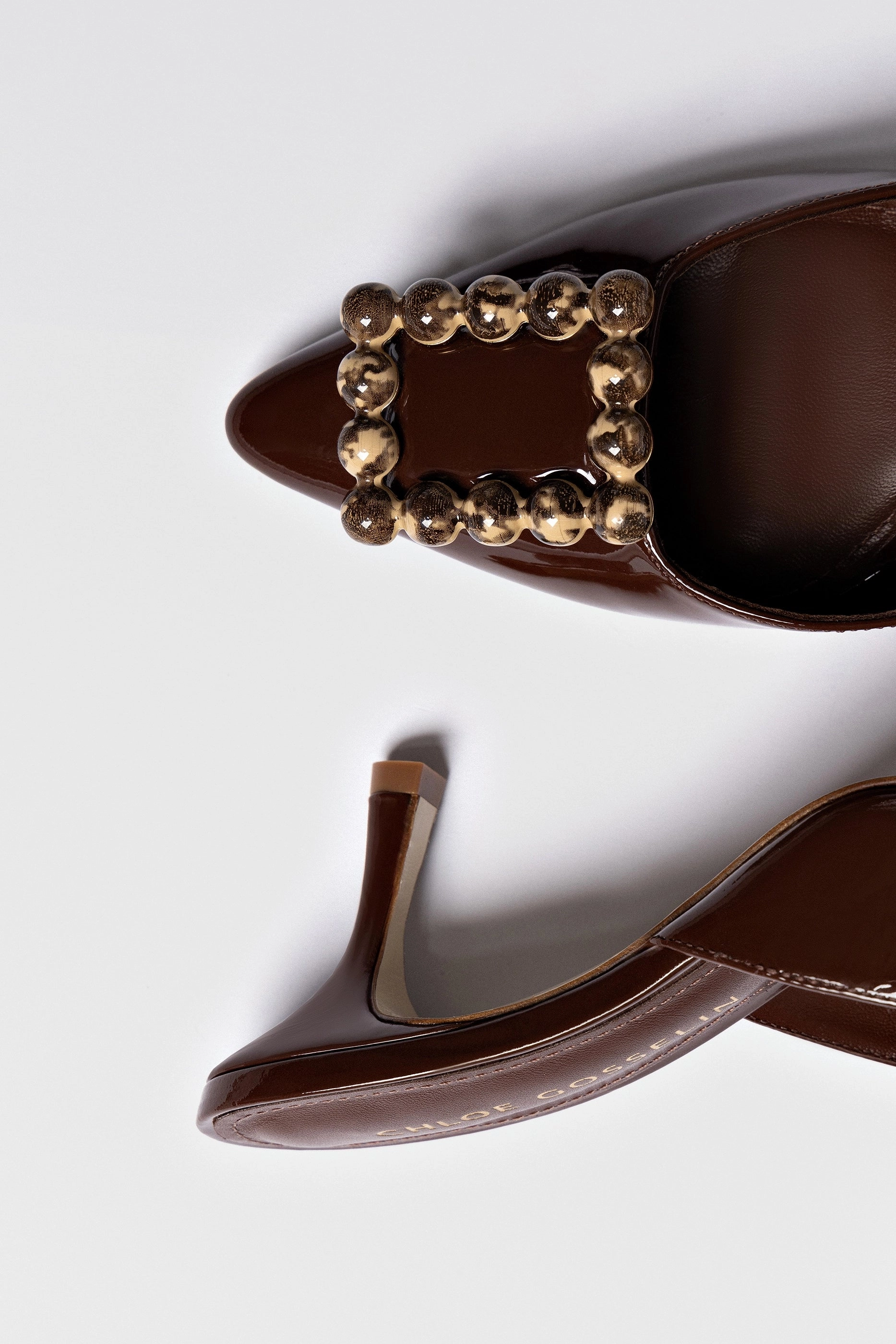 Chloe Gosselin by Larroudé Ava Mule In Brown Patent Leather