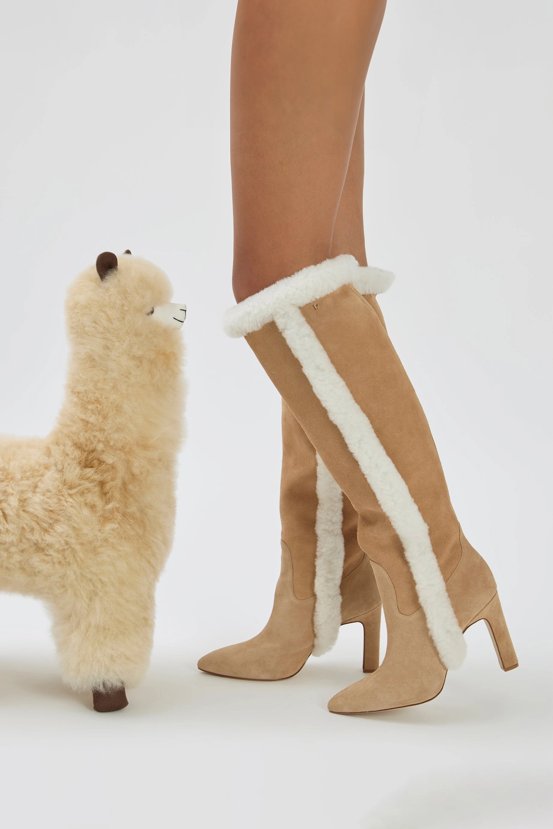Cindy Hi Faux Fur Boot In Peanut Suede and Natural Shearling