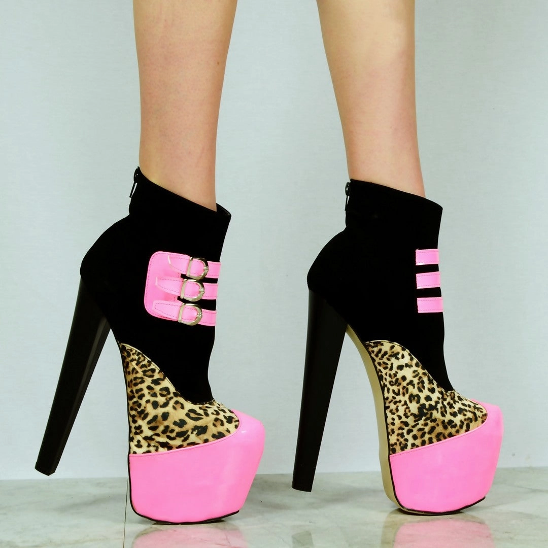 Fuschia Black Leopard High Heel Platform Ankle Boots