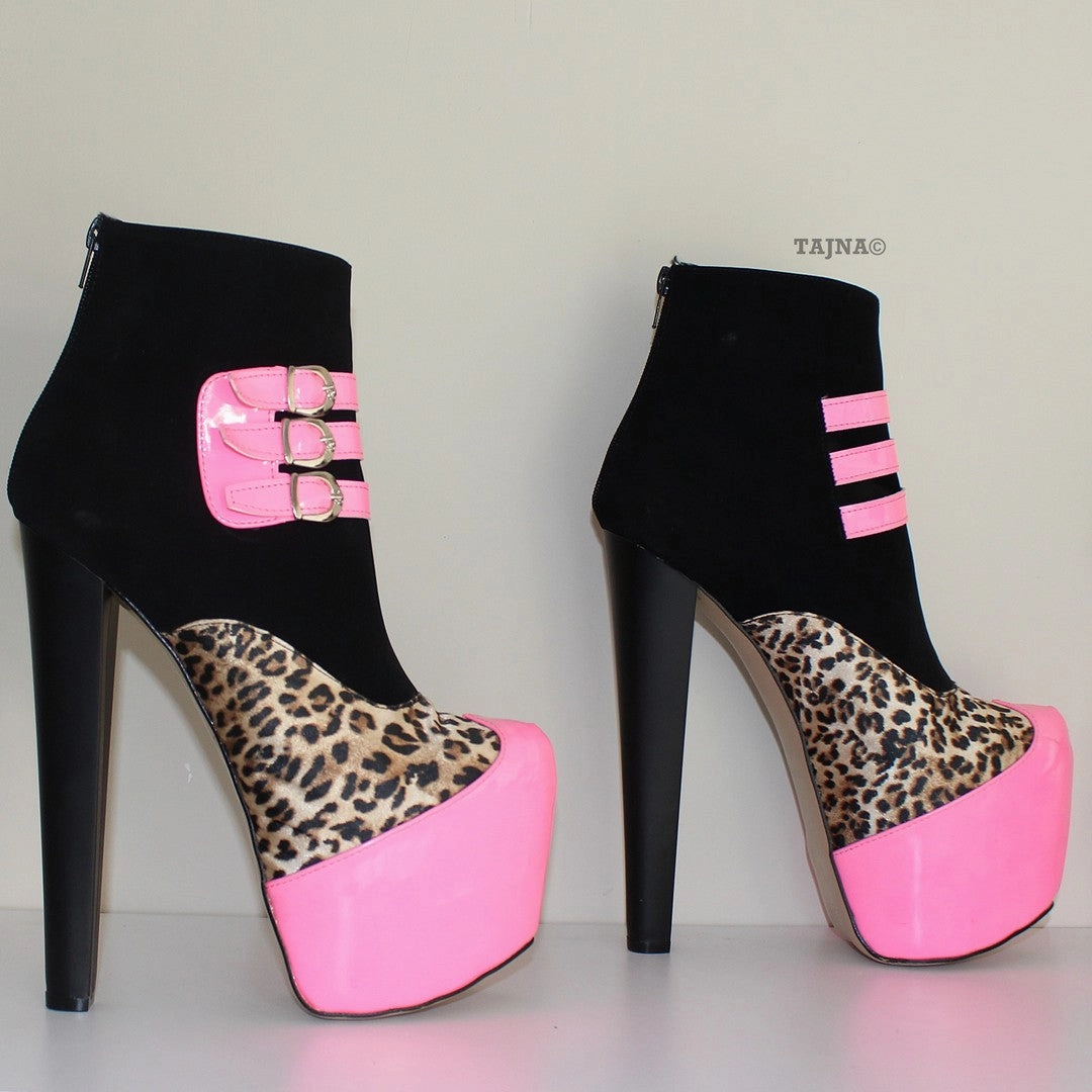 Fuschia Black Leopard High Heel Platform Ankle Boots