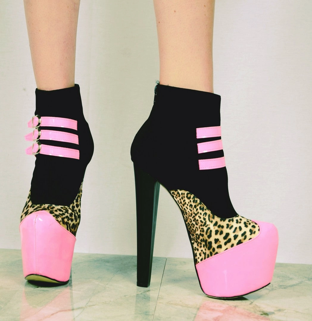 Fuschia Black Leopard High Heel Platform Ankle Boots