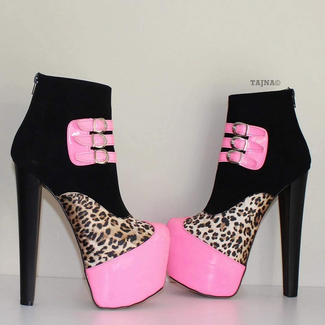 Fuschia Black Leopard High Heel Platform Ankle Boots