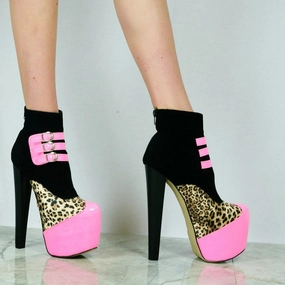 Fuschia Black Leopard High Heel Platform Ankle Boots