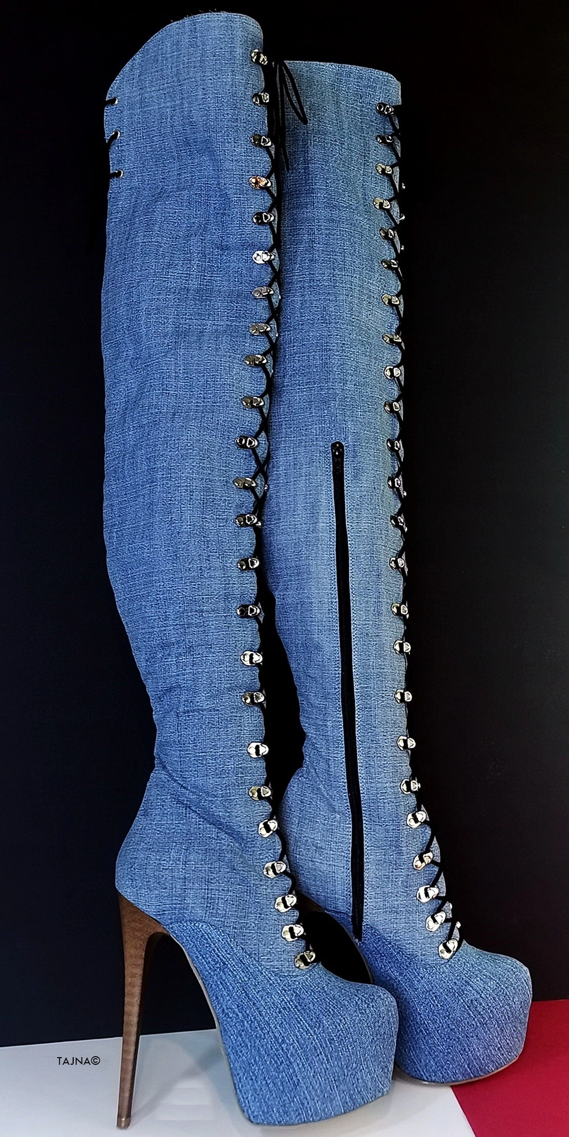Jean Denim  Thigh High Military Style Boots