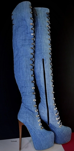 Jean Denim  Thigh High Military Style Boots