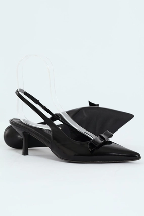 Kitten Slingback Heel With Slim Bow - Black