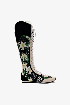 Larroudé x Jonathan Cohen Flat Hi Sneaker Boot In Black Gardenias Satin And Black Suede