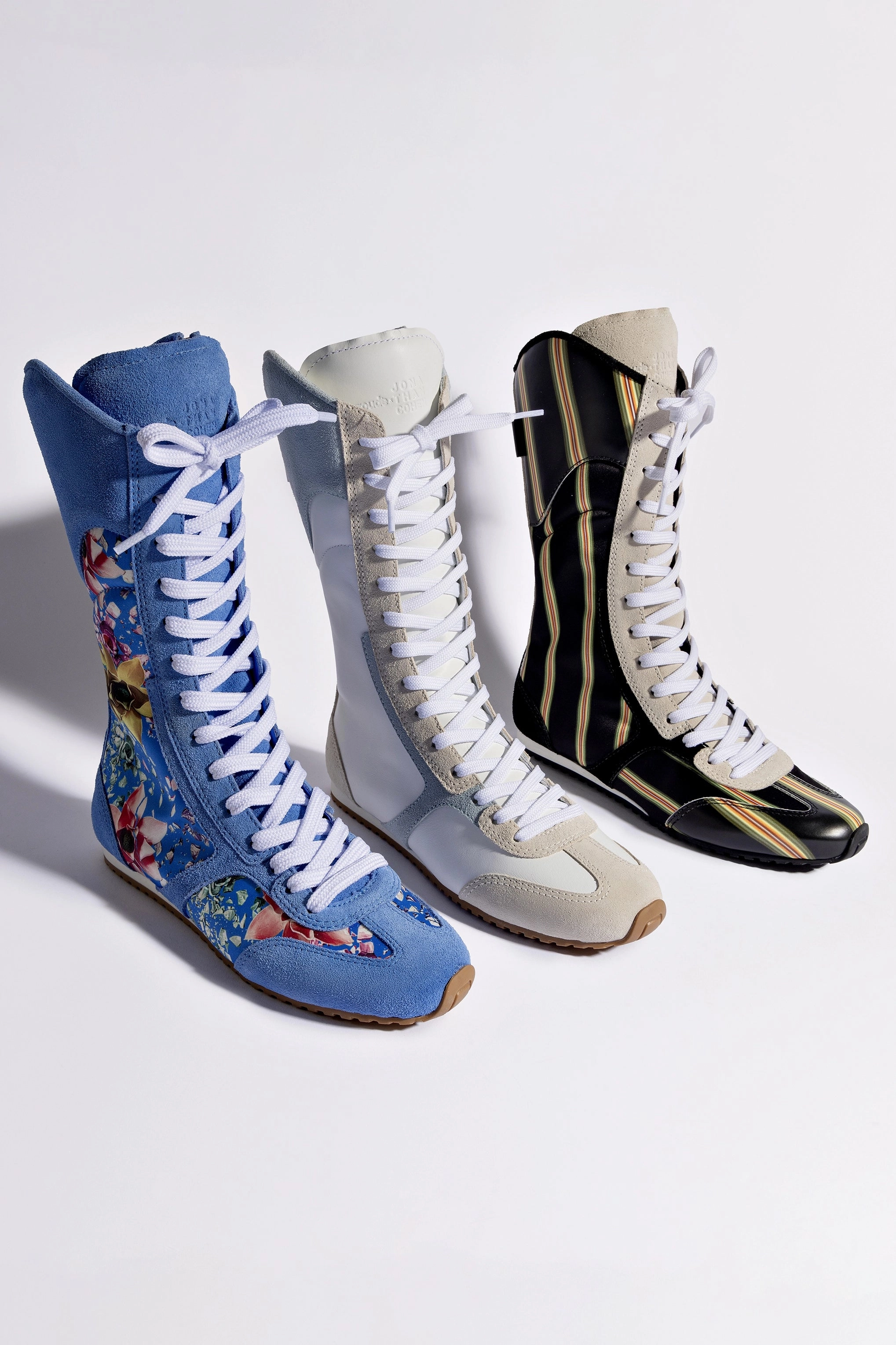 Larroudé x Jonathan Cohen Flat Lo Sneaker Boot In White Leather, Maya and Mushroom Grey Suede