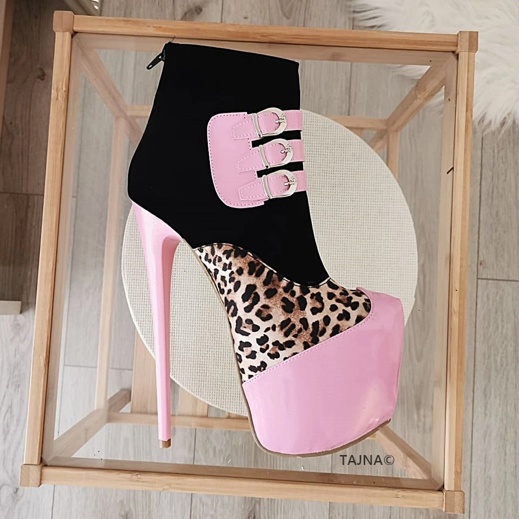 Leopard Pink Black Ankle Booties