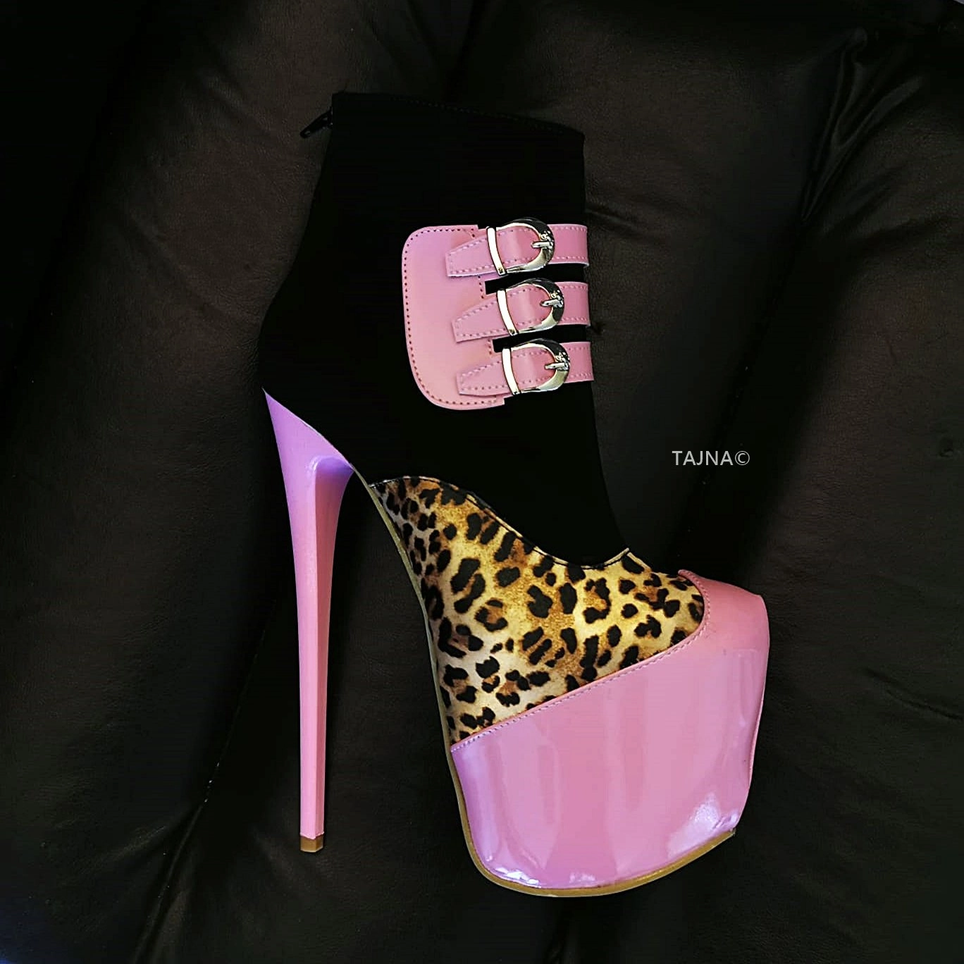 Leopard Pink Black Ankle Booties