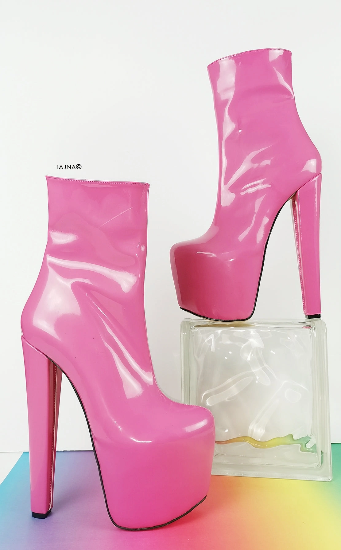Lovely Pink Patent Chunky Heel Boots