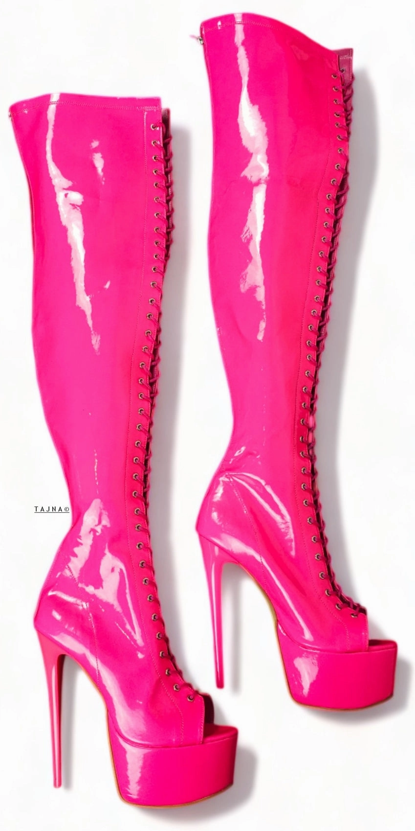 Neon Pink Gloss Over Knee Gladiator Lace Up Boots