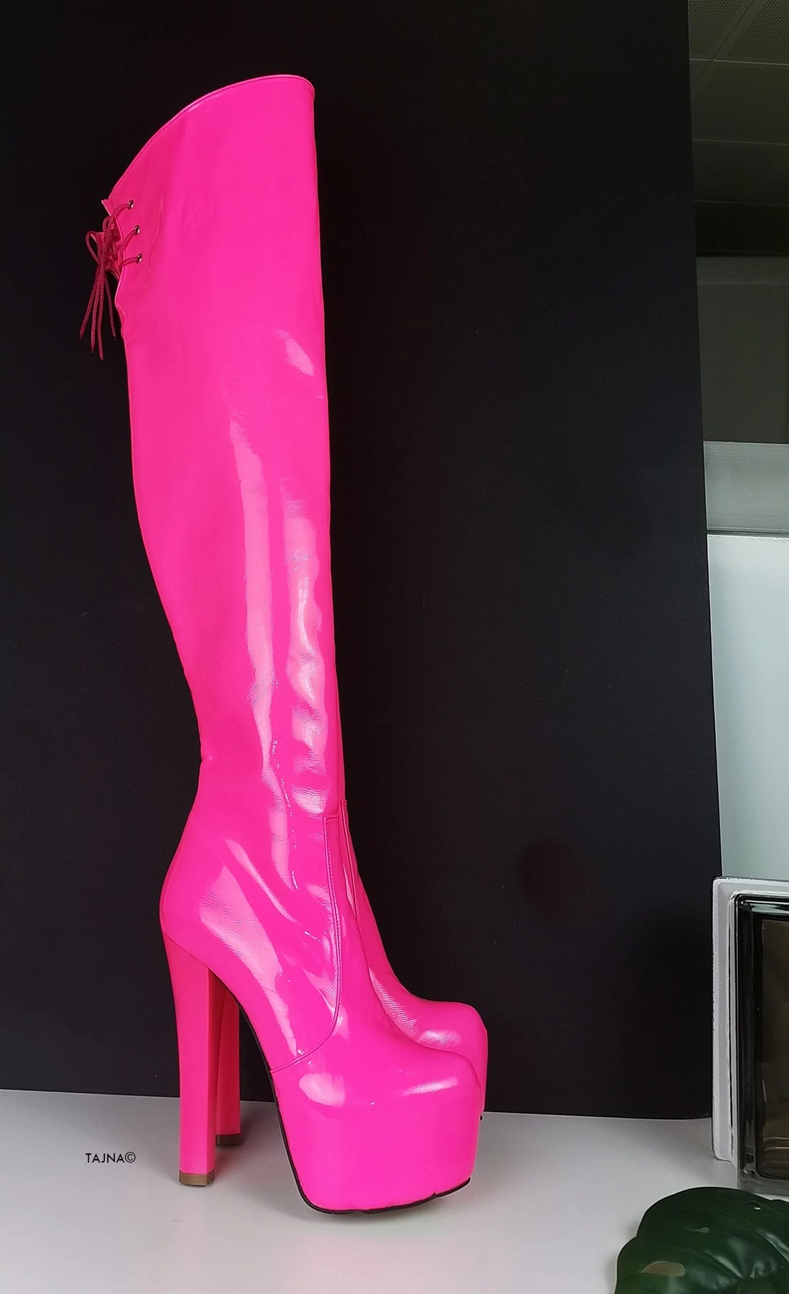 Neon Pink Over Knee Heel Boots