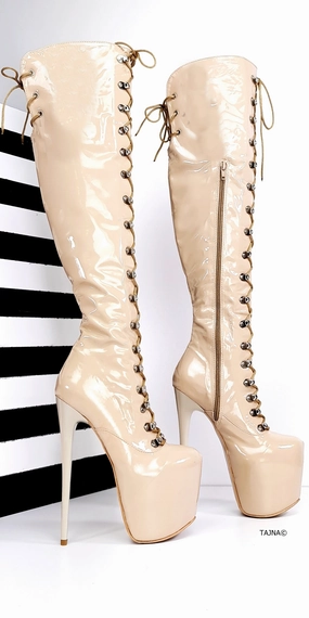 Nude Beige Military Style Over Knee Boots