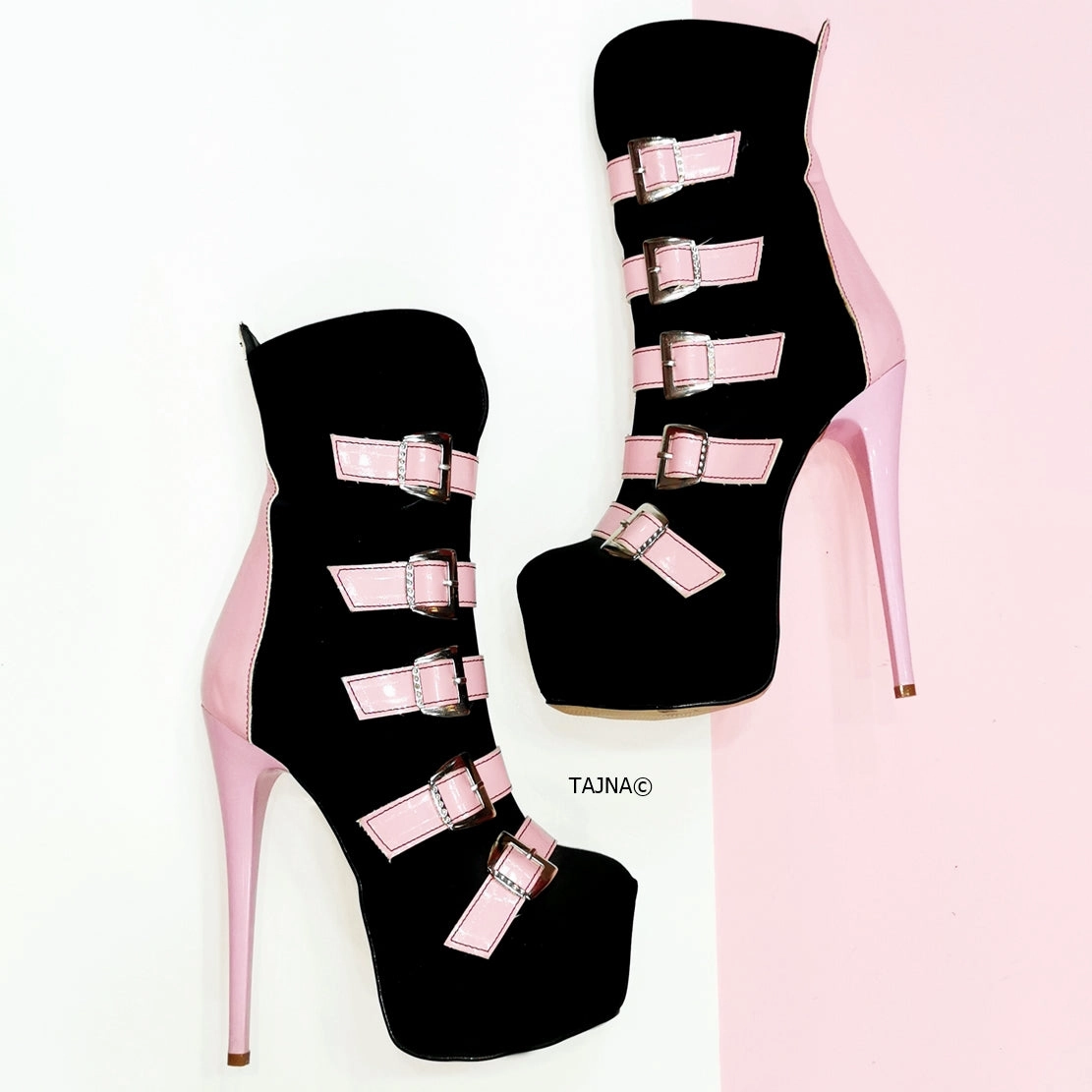 Pink Black Multi Belted Ankle Boots