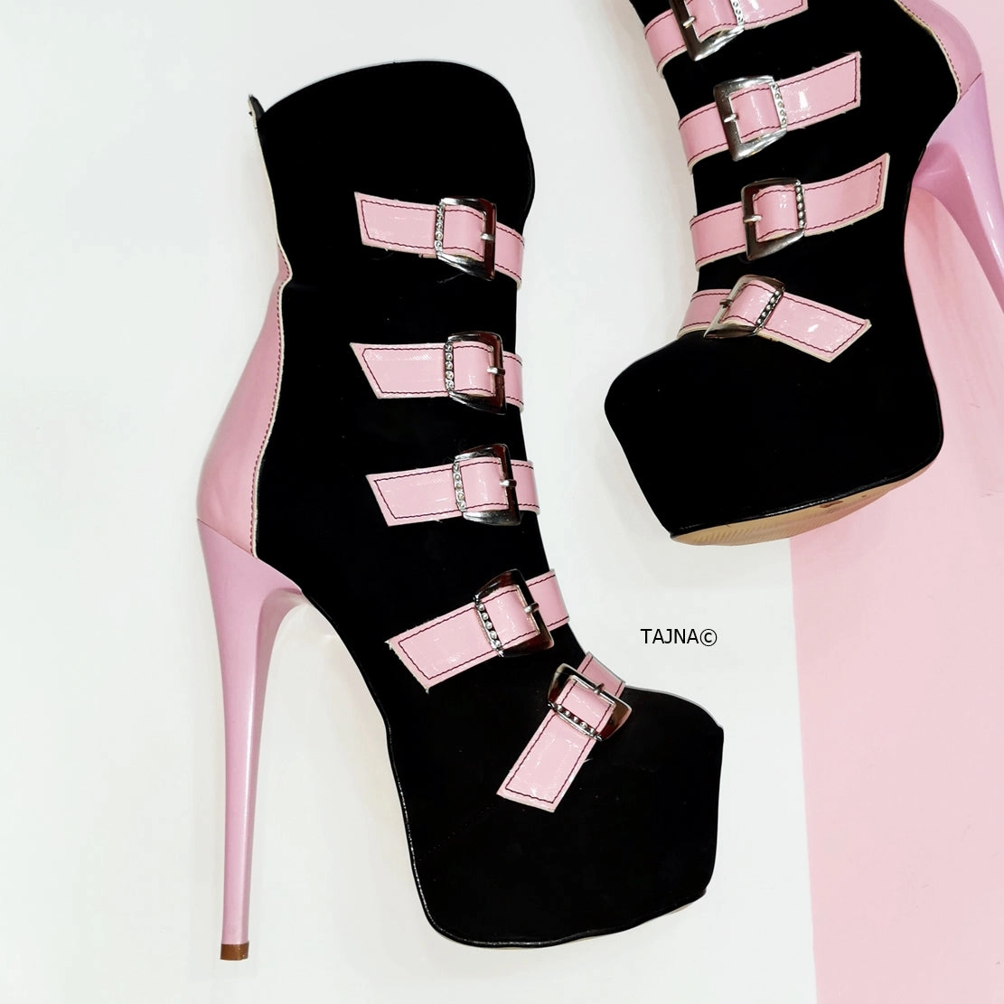 Pink Black Multi Belted Ankle Boots