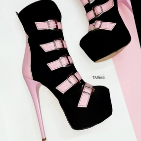 Pink Black Multi Belted Ankle Boots