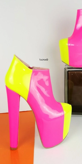 Pink Yellow Neon Ankle Platform Boots