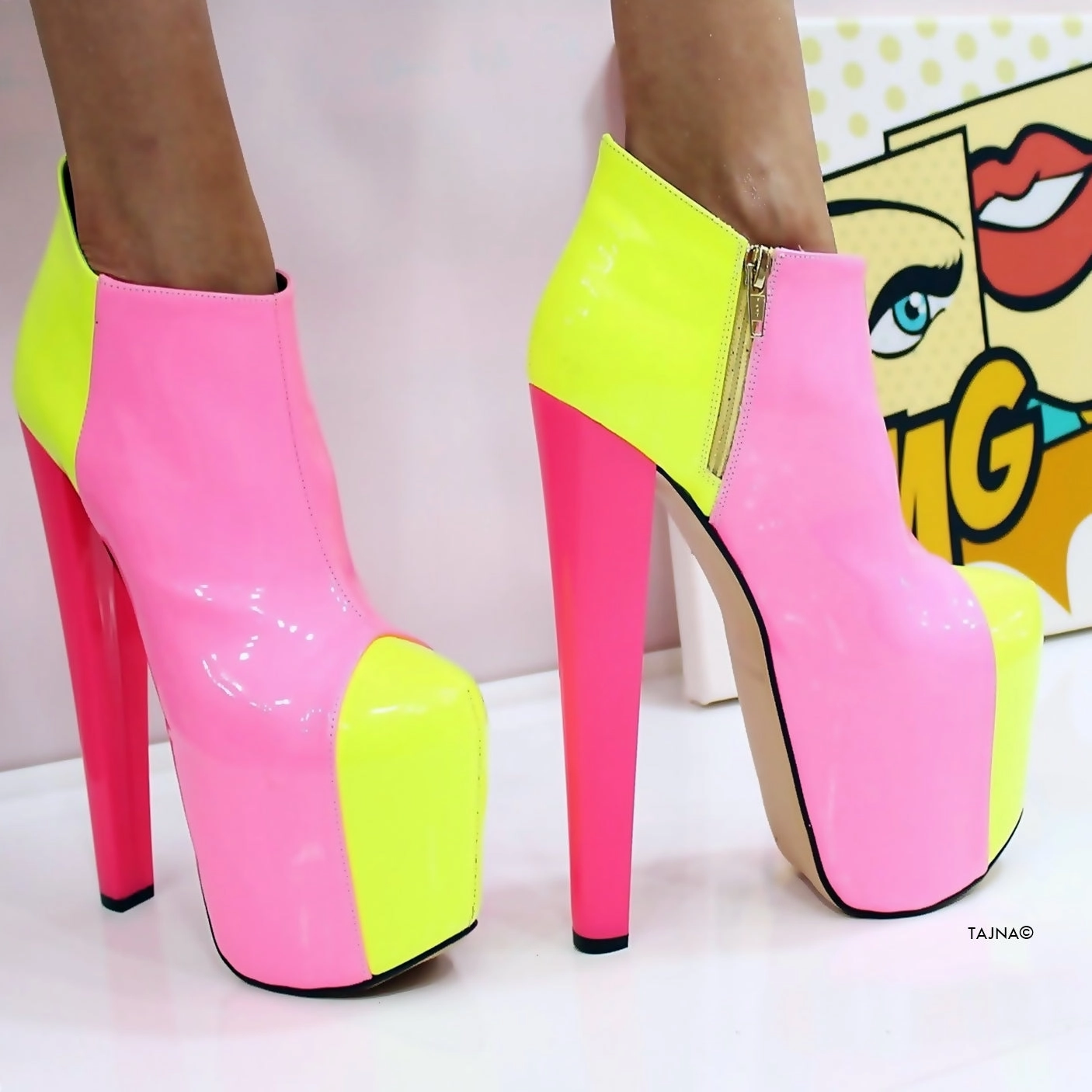 Pink Yellow Neon Ankle Platform Boots