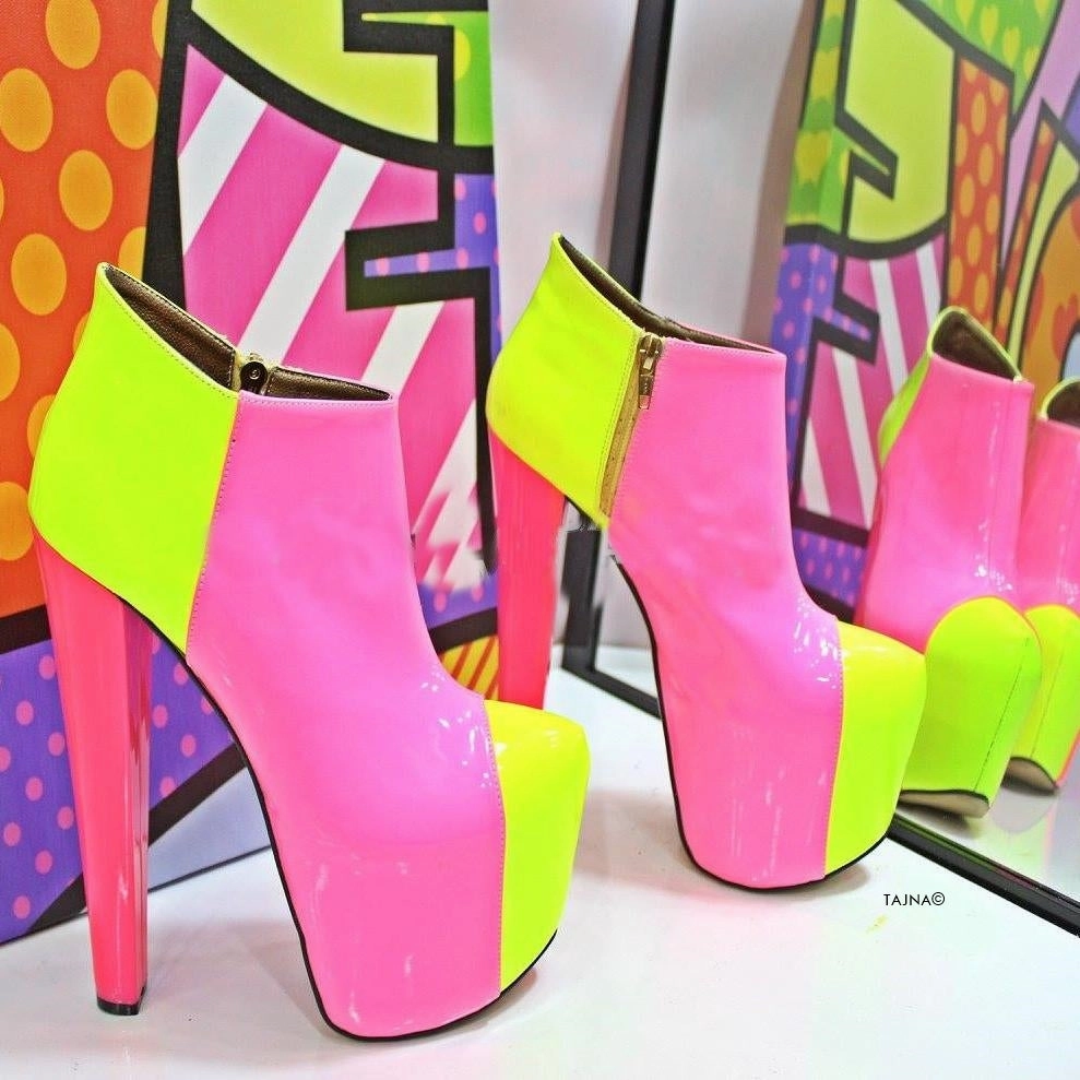 Pink Yellow Neon Ankle Platform Boots