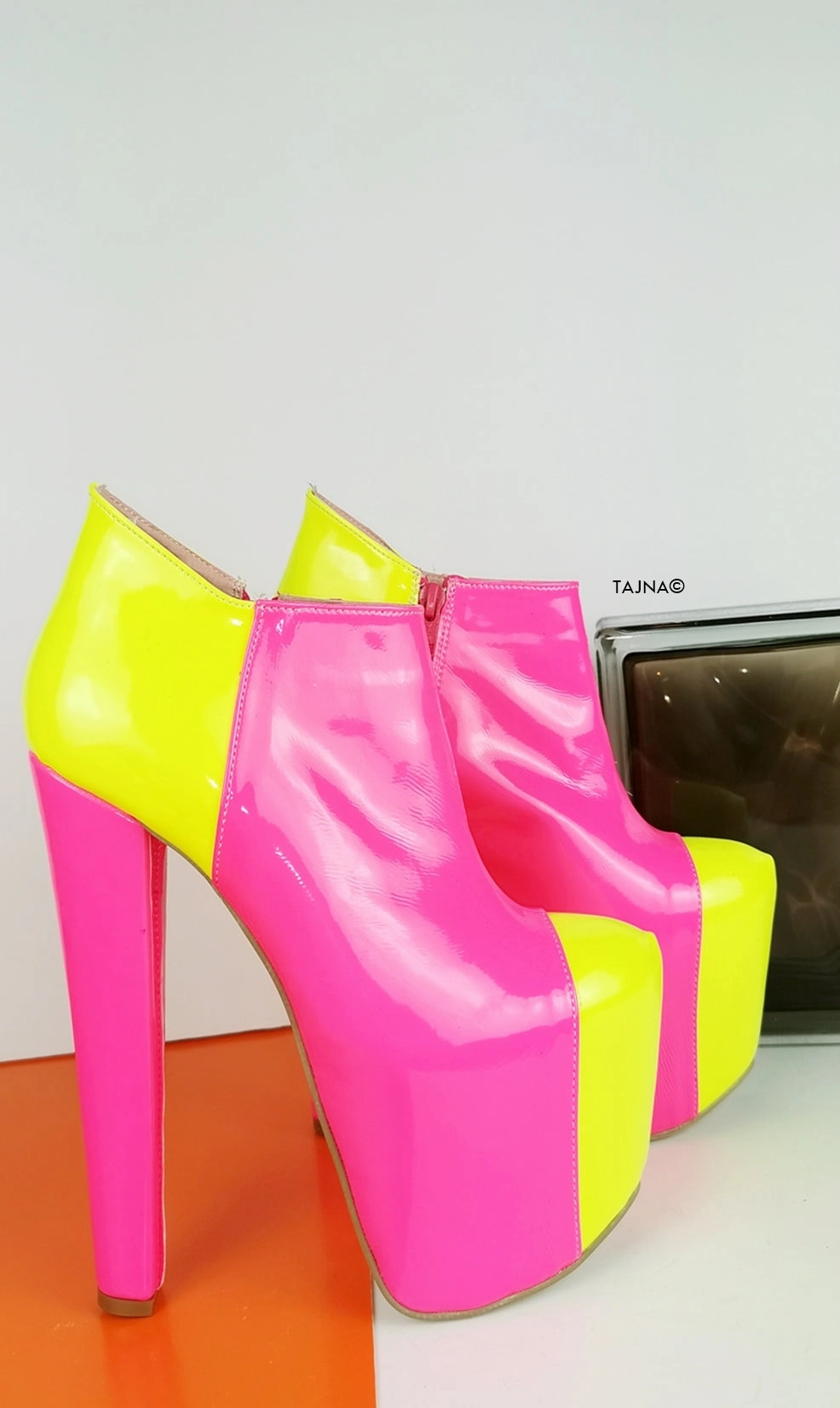 Pink Yellow Neon Ankle Platform Boots