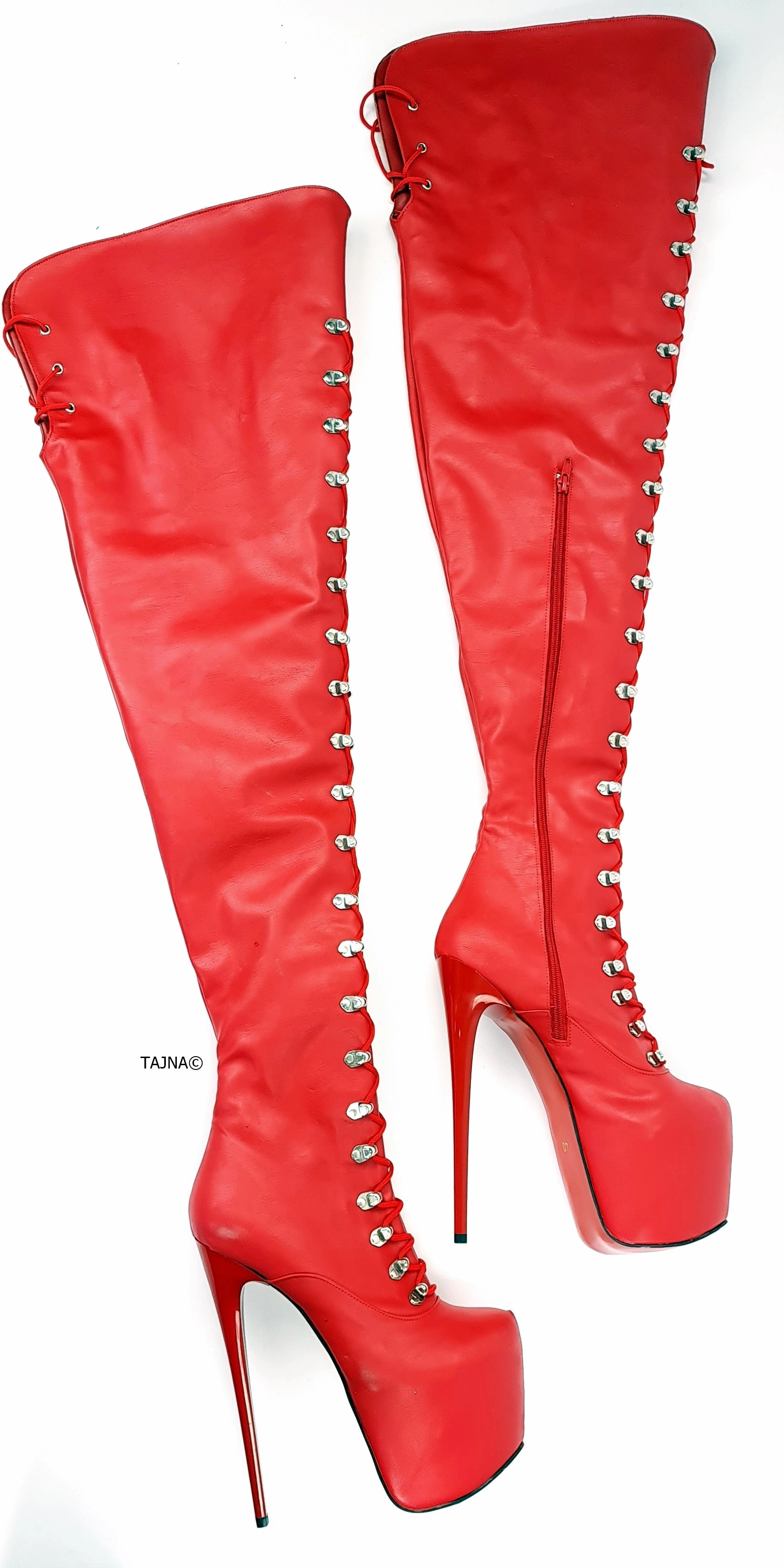 Red Extreme Thigh High Military Style Boots 80 cms
