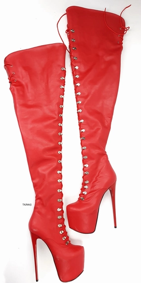 Red Extreme Thigh High Military Style Boots 80 cms