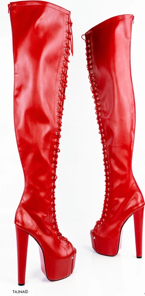 Red Gladiator Lace Up Thigh High Boots
