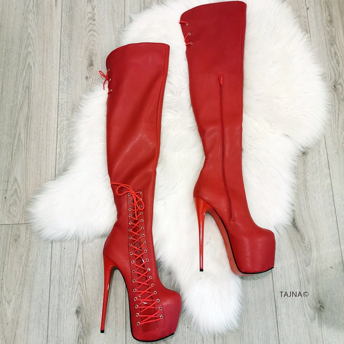 Red Knee High Corset Boots