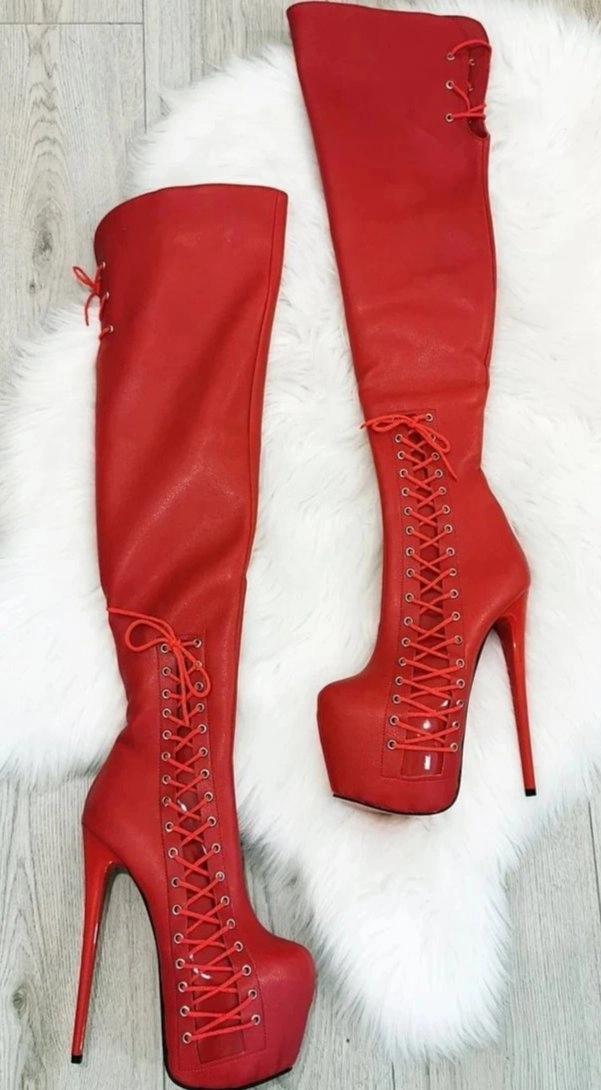 Red Knee High Corset Boots