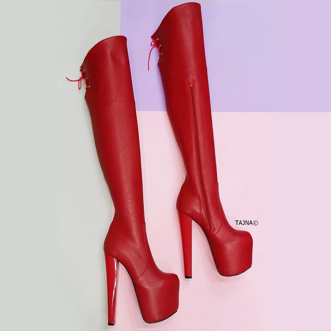 Red Matte Chunky Heel Knee High Boots