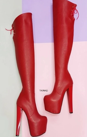 Red Matte Chunky Heel Knee High Boots