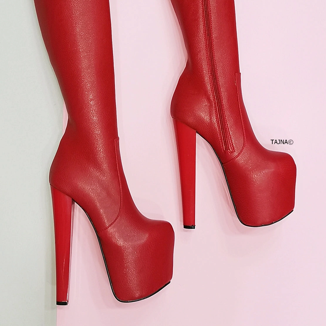 Red Matte Chunky Heel Knee High Boots