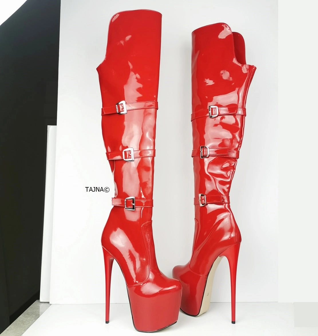 Red Patent Belted Knee High Boots