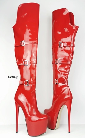 Red Patent Belted Knee High Boots