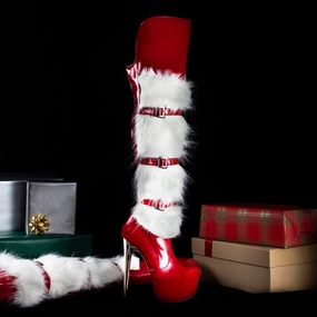 Red Silver Detail Furry Over Knee Boots