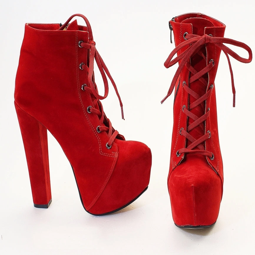 Red Suede Lace Up Booties
