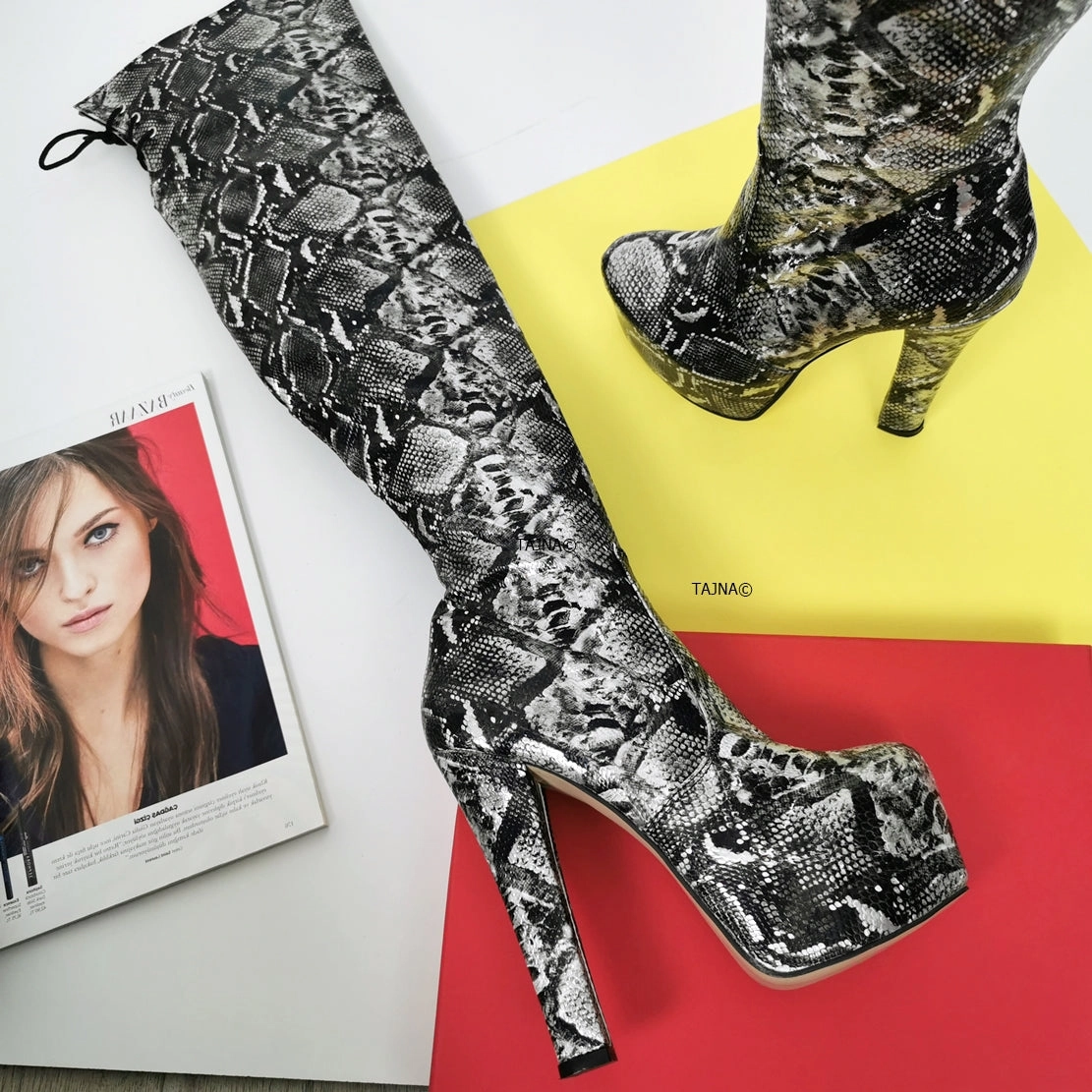 Snake Print Design Knee High Boots