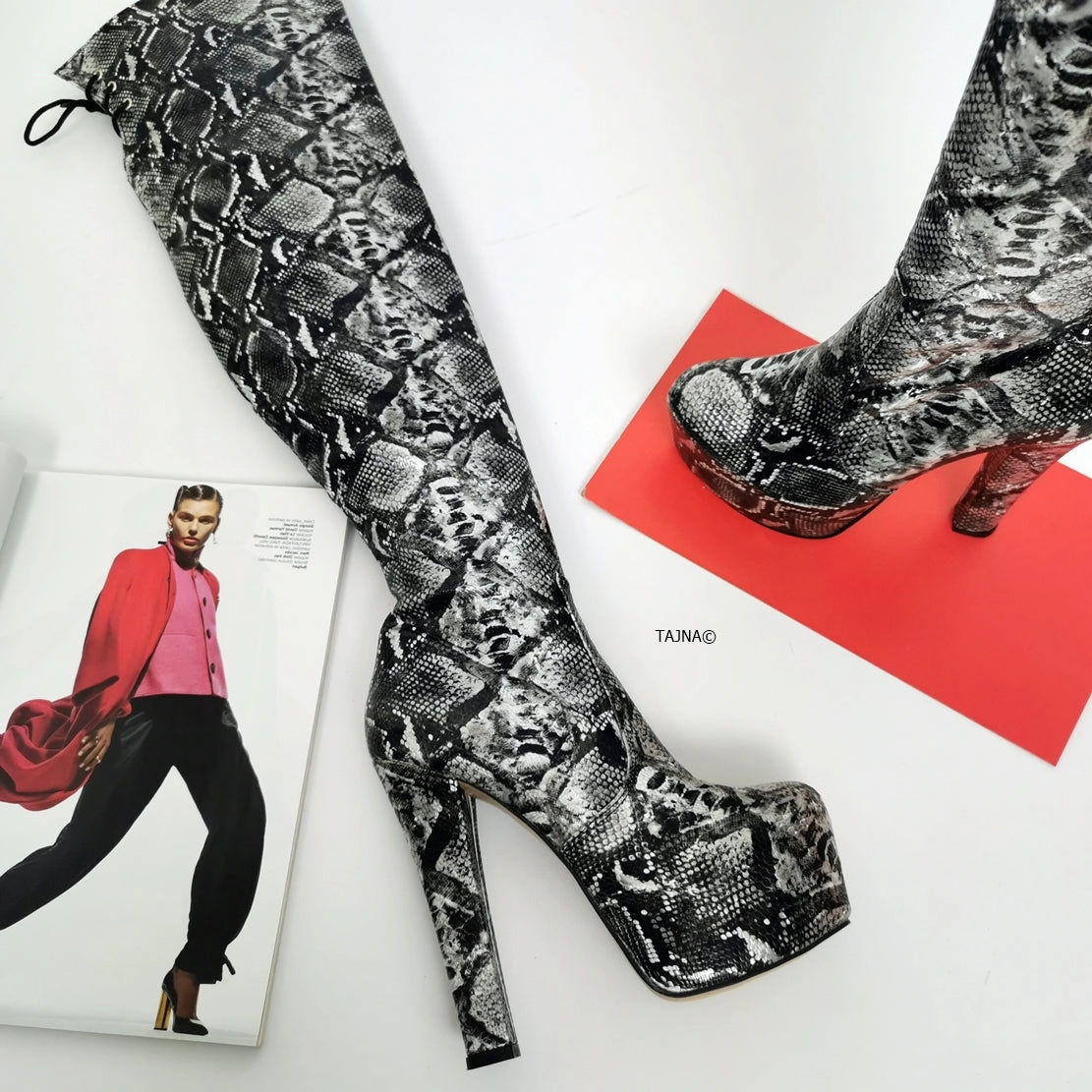 Snake Print Design Knee High Boots