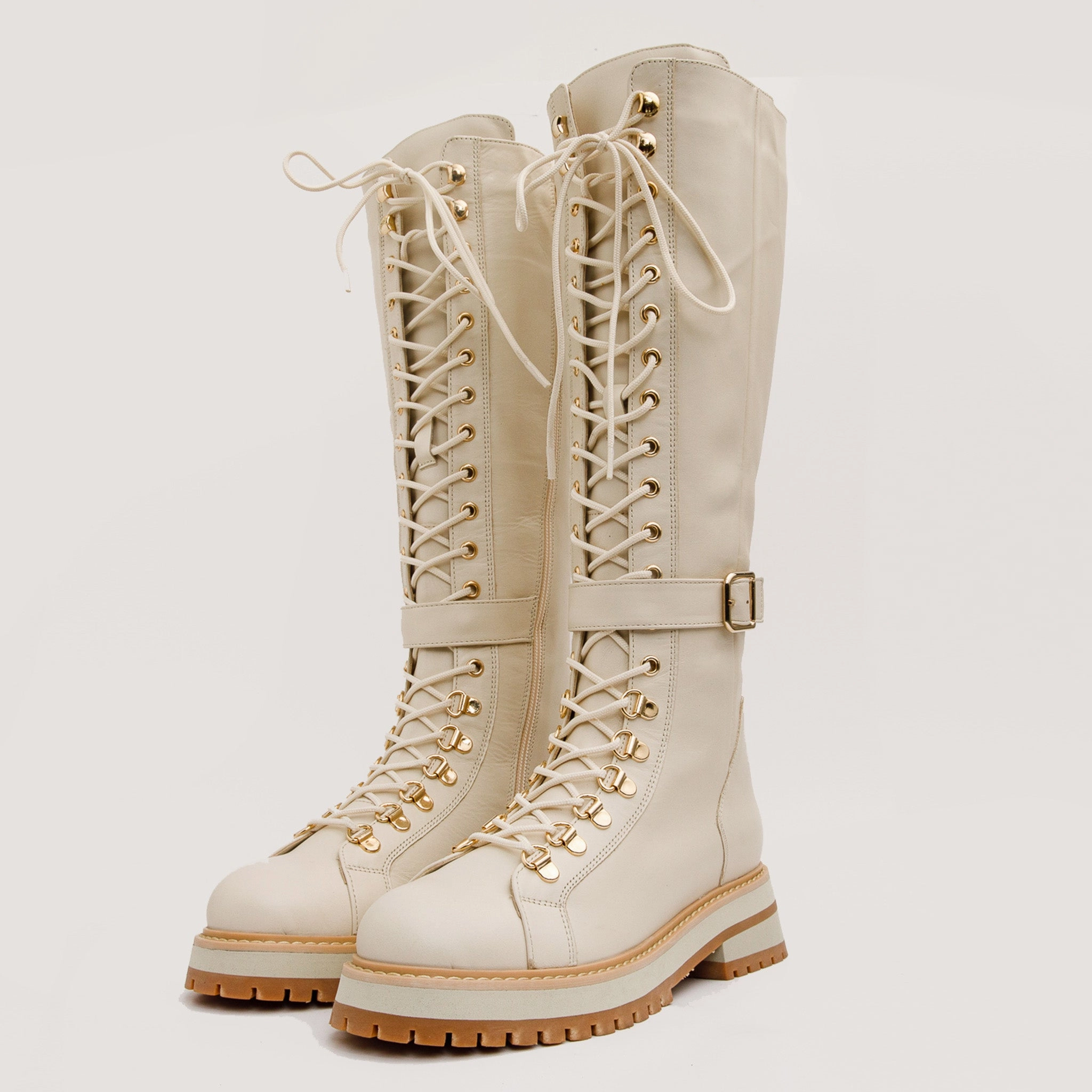 The Istinye Cream Leather Knee High Lace-Up Women Boot Limited Edition