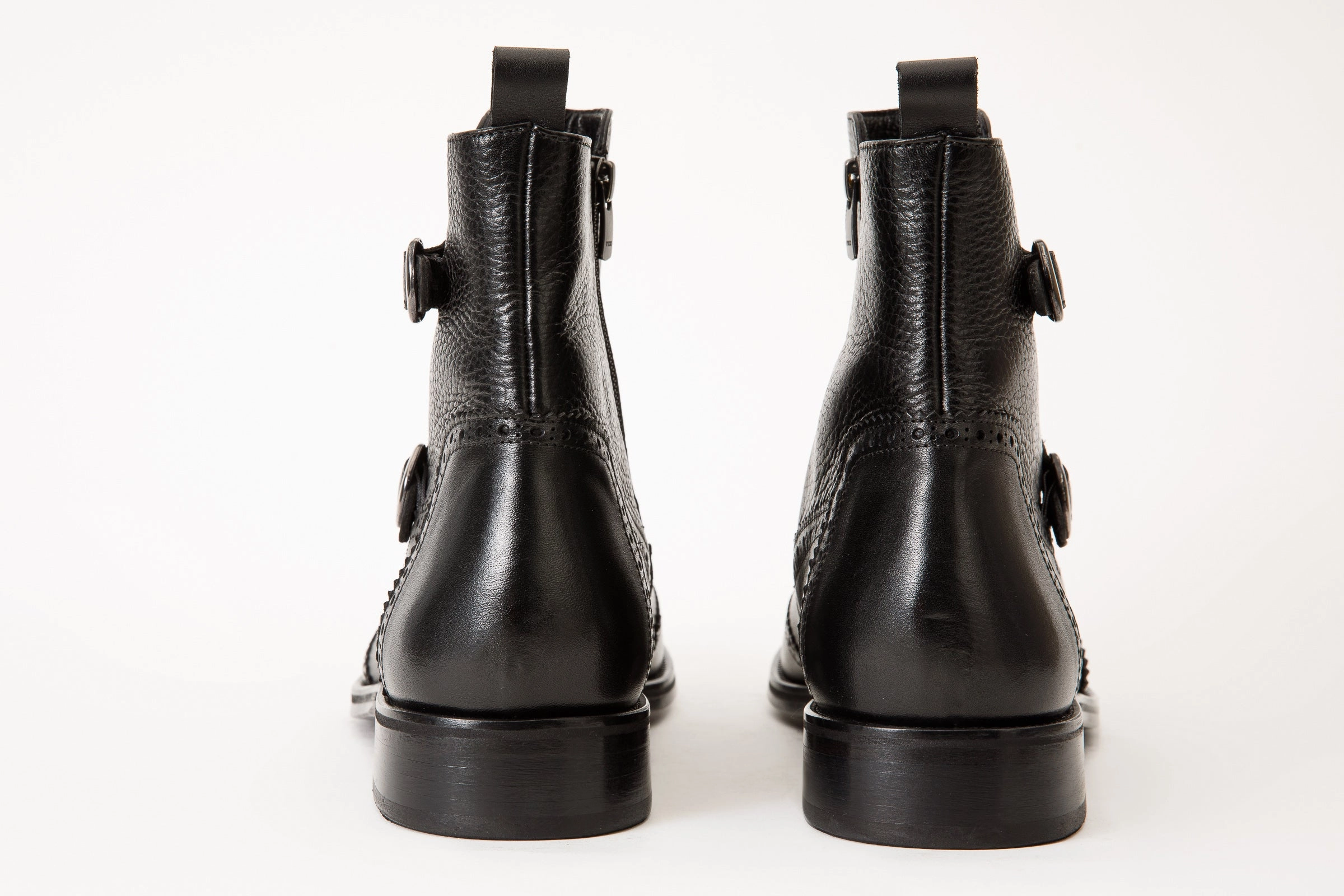 The Rand Black Leather Double Buckle Brogue Men Boot with a Zipper