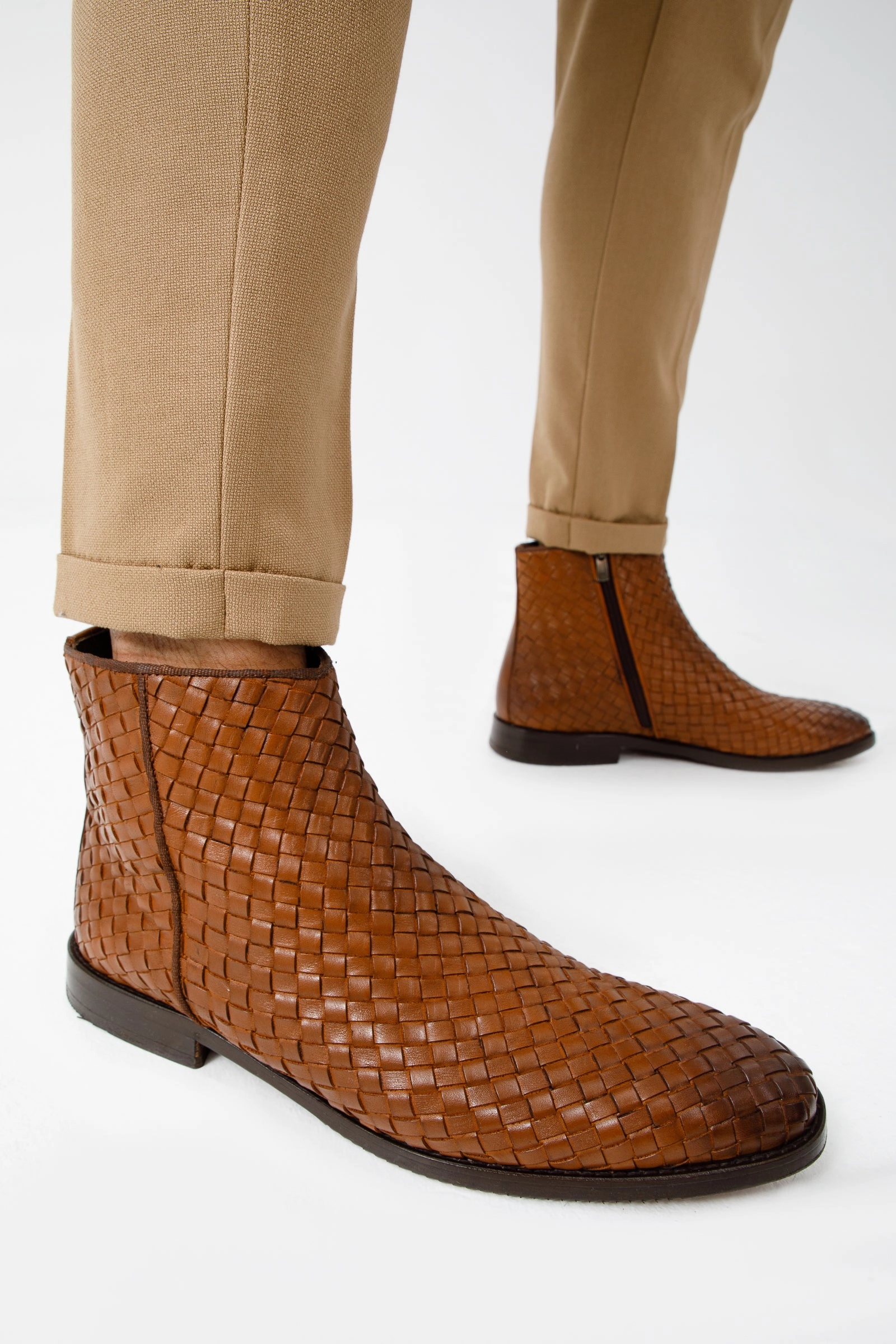 The Wellington Tan Handwoven Leather Men Boot with a Zipper