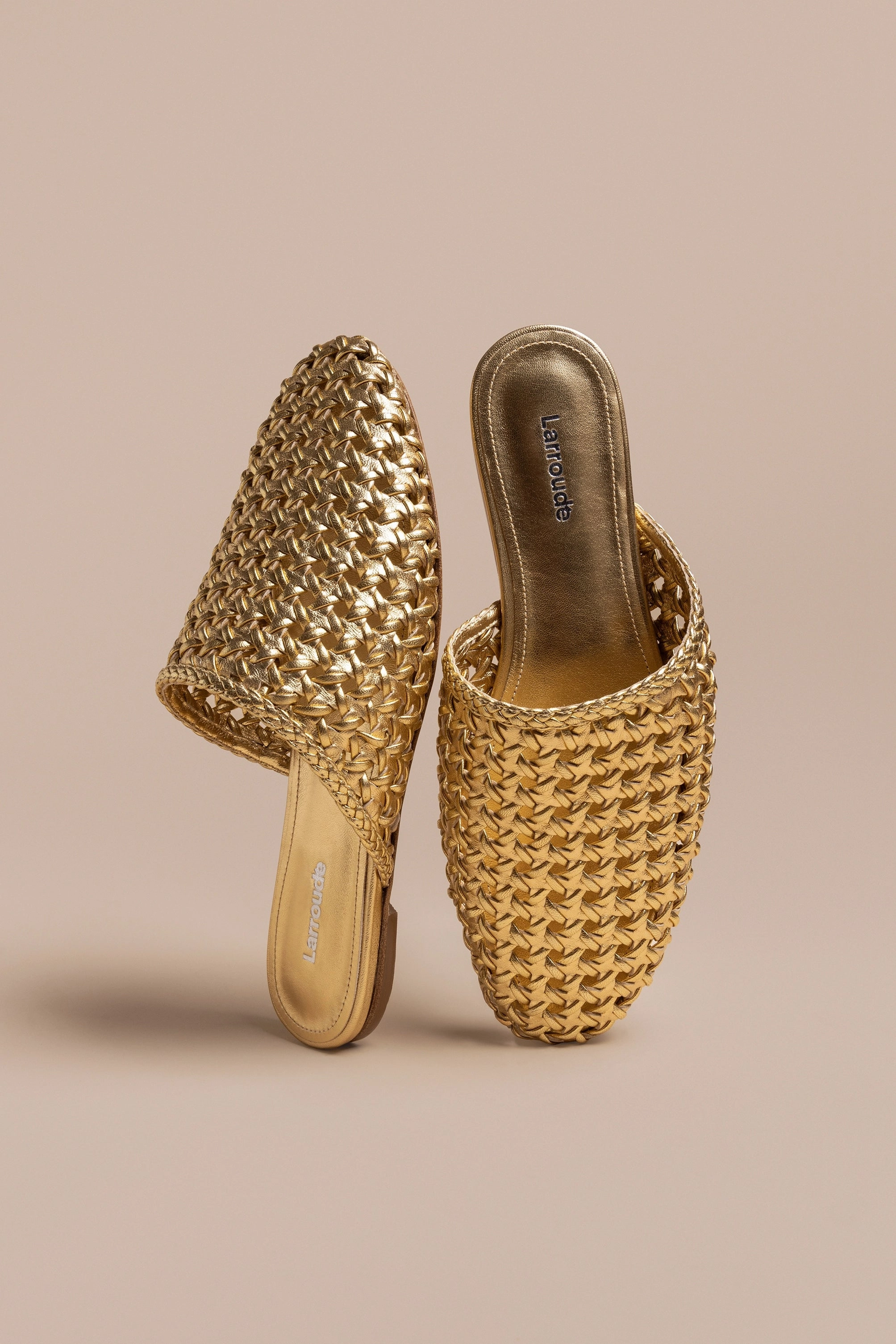 Venice Macrame Flat Mule In Gold Metallic Leather